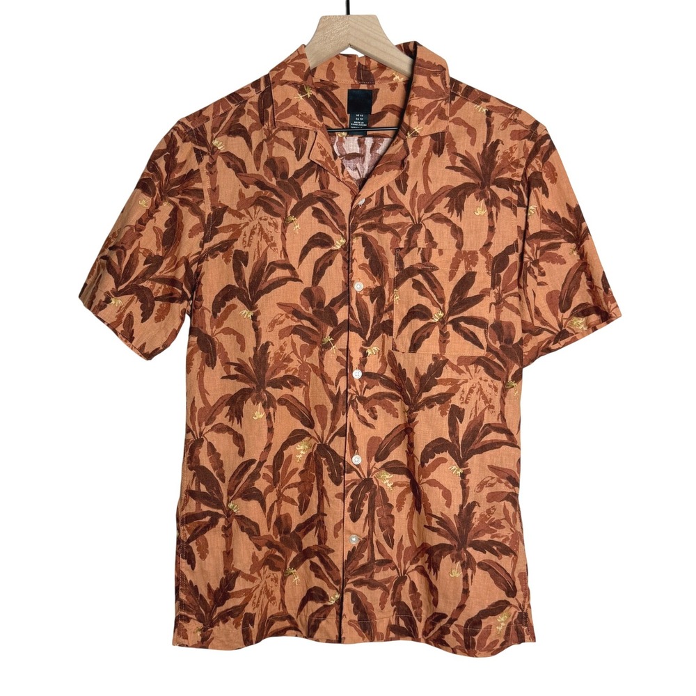 H&M Mens Linen Cotton Button Up Shirt XS Orange Tropical Palm Leaf Camp Collar
